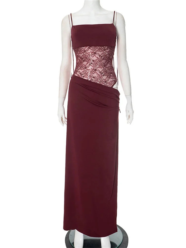 Lunivop Lace Printed Halter Dresses Female Backless Slim High Waist Drawstring Fashion Patchwork Party Dress Women's Long Dress