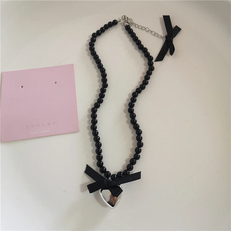 Lunivop Gothic Cute Y2K Stainless Steel Bow Heart Pink Cross Pendant Beaded Pearl Snake Chain Necklace For Egirl 2000s EMO Acssesories