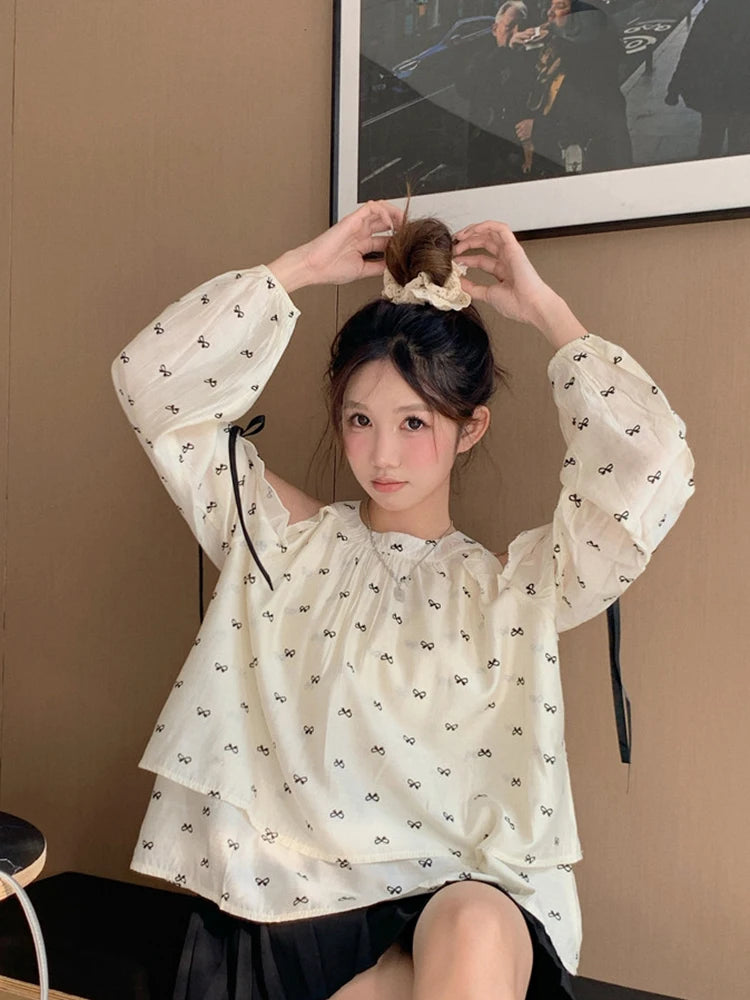Lunivop Sweet Off Shoulder Shirt Women Long Sleeve Bow Print Loose Blouse Korean Fashion Hollow Out Elegant Female Chic Spring Tops
