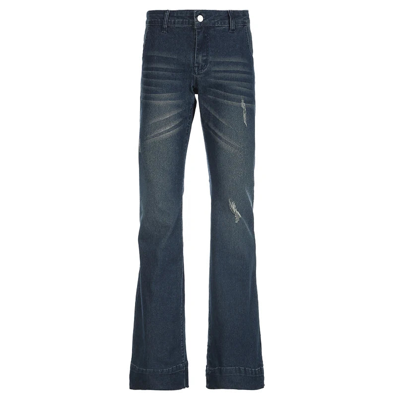 Lunivop  Blue Low Rise Flare Jeans Vintage 2000s Slim-fitting Denim Pants Korean Style Women Trousers y2k Distressed Mom Jeans 90s