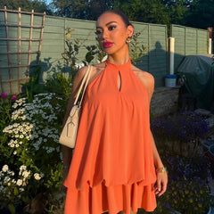 Lunivop  Orange Lace Up Halter Backless Mini Cake Dress Hollow Out Sleeveless Pleated Lantern Party Outfits Women Solid Casual Streetwear