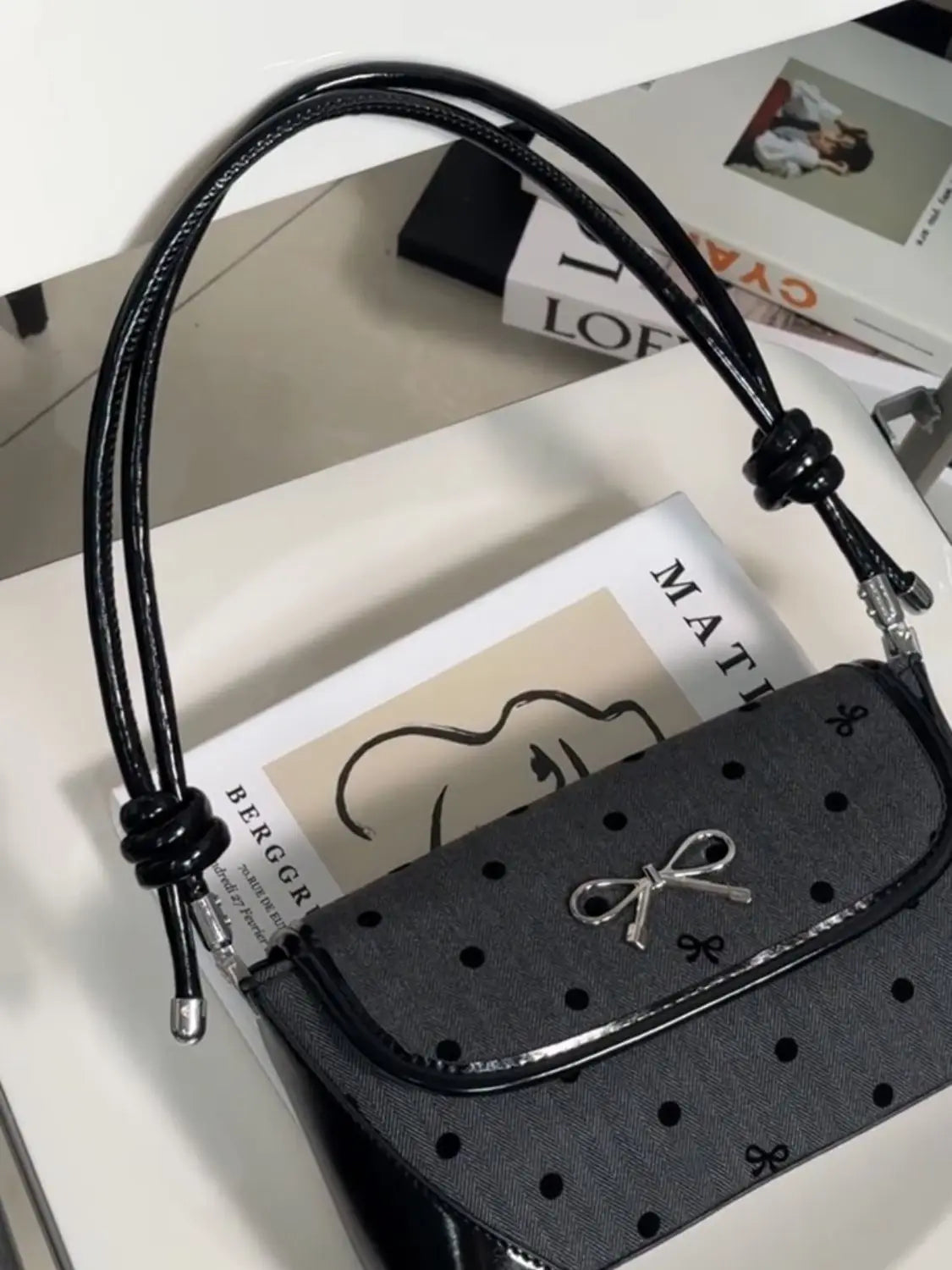Lunivop Sweet Cool Bow Black Underarm Bag Purse Women Fairycore Aesthetic Dot Y2k Shoulder Bags Ladies Harajuku Square Handbag
