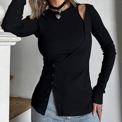 Lunivop  BKLD Fake Two-piece T Shirt Hottie Autumn Outfit Black Irregular Hollow Button Design Tight Full Sleeve Tops Casual Clothes
