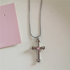 Lunivop Kpop Charms Pink Heart Cross Pendant Stainless Steel Snake Chain Necklace Women Y2k Aesthetic Vintage Rave Jewelry Accessories