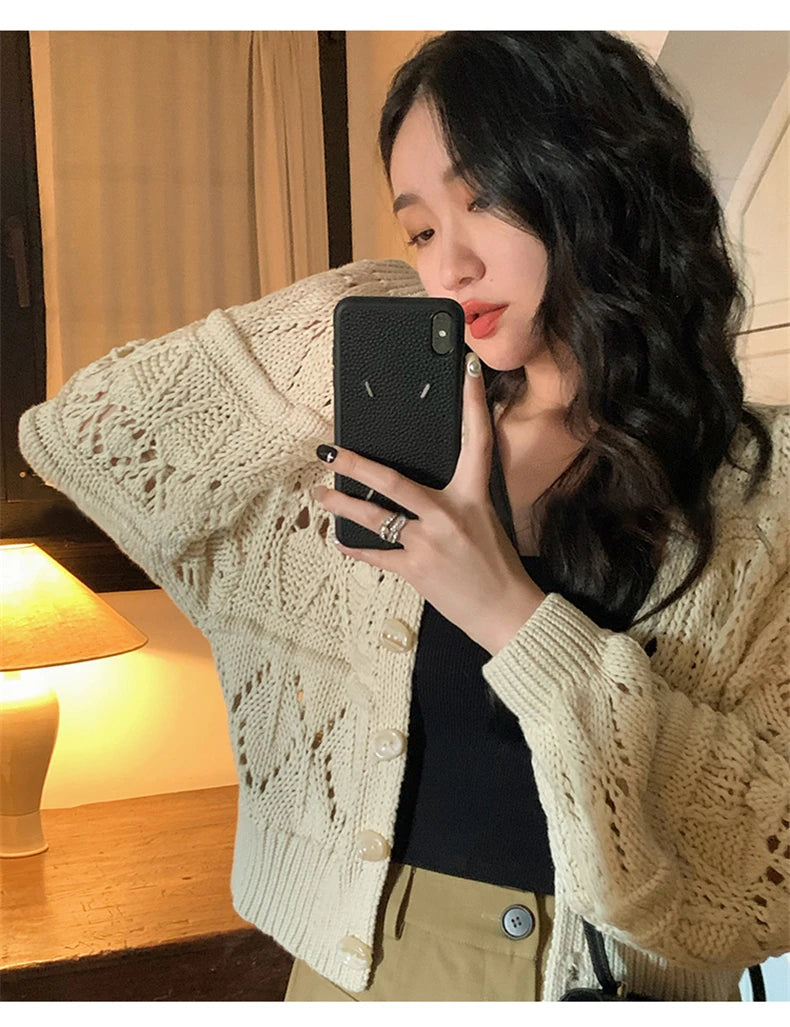 Lunivop Long Sleeve Pointelle Knit Top Women Sweater Cardigan Sheer Button-up Sweater Jacket blusas para mujer Vacation Boho Outfit