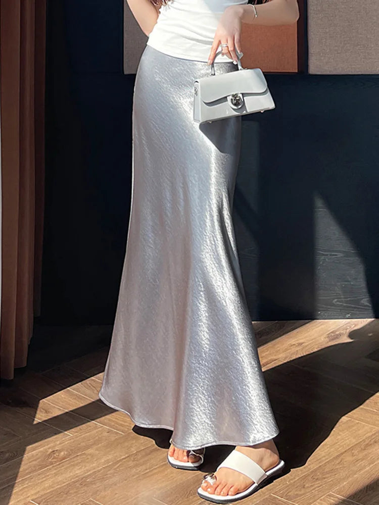 Lunivop  Chic Satin Elegant Long Skirt Women Casual Fashion High Waist Sweet Trumpet Skirts Slim Summer Female Korean Long Skirts