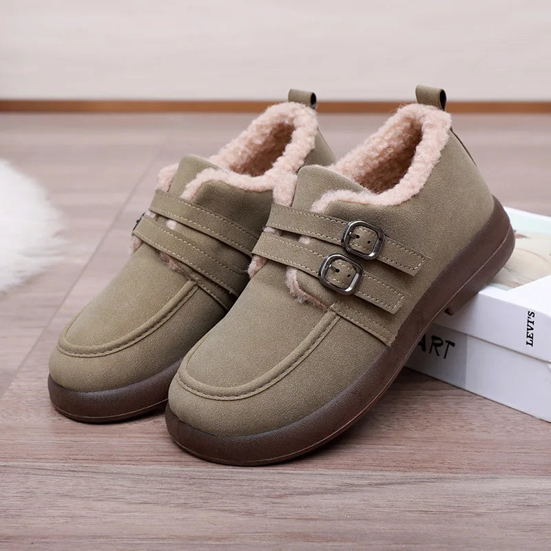 Lunivop Autumn Winter Casual Flat Shoes for Women Moccasins Soft Loafers Fashion Buckle Warm Plush Slip on Female Cotton Shoes