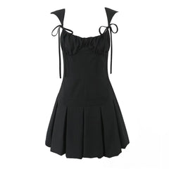 Lunivop  Women Sleeveless Dress Pleated Mini Dresses Party Robe Gray Black Chest Bow Strap