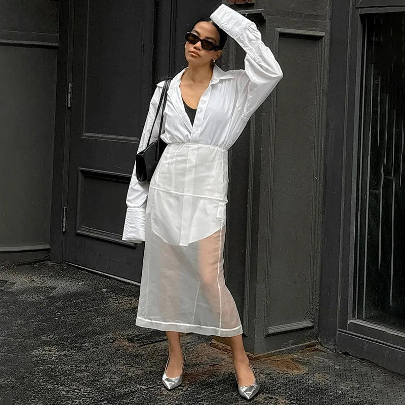 Lunivop Sexy See Through White Mesh Split Skirt Women's High Waist Loose Straigh Midi Skirt Autumn Fashion Hot Girl Party Skirts