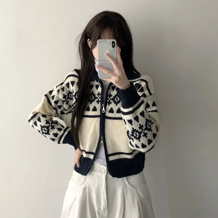 Lunivop Zip Up Cardigan for Women Fair Isle Print Zipper Front Knitted Sweater Jacket Teen-girl Autumn Winter Vintage Chic Outfit