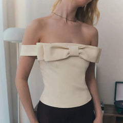 Lunivop One-Shoulder Bow Short Top For Women Lace Up Sexy Backless Slim Fit T-Shirt Hot Girl Solid Color Splice Tops Summer New