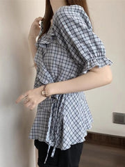Lunivop  Ruffles Vintage Plaid Blouse Women Causal Sweet Slim Short Sleeve Shirt Korean Retro Female Lace Up Elegant Design Tops New