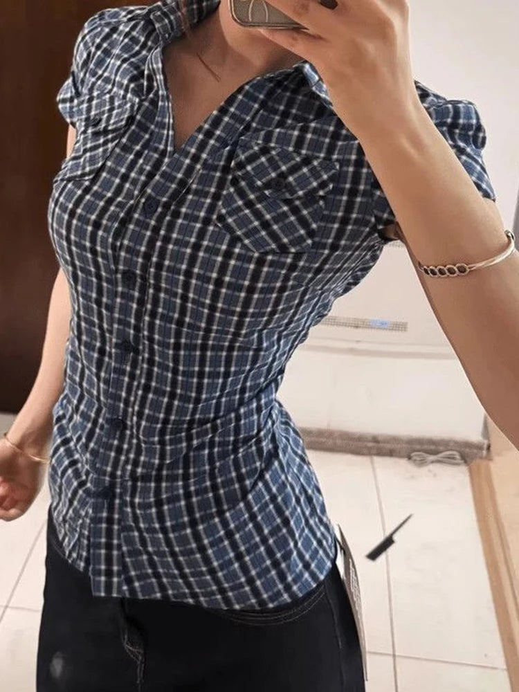 Lunivop  Vintage Slim Plaid Shirt Women Casual Pockets Short Sleeve Y2K Blouse Summer American Harajuku Retro Female Streetwear Tops