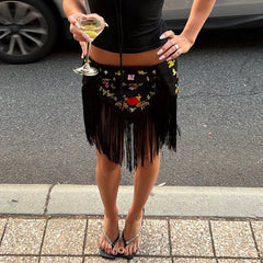 Lunivop  Floral Embroidery Fringe Wrap Mini Skirt Low Rise Self Tie Asymmetrical Hem Spring Summer Festival Women Boho Party Outfit