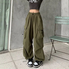 Lunivop  Women Casual Joggers Tech Pants Solid Low Waist Pants Drawstring Wide Leg Baggy Trousers Y2k Streetwear Oversize Sweatpants