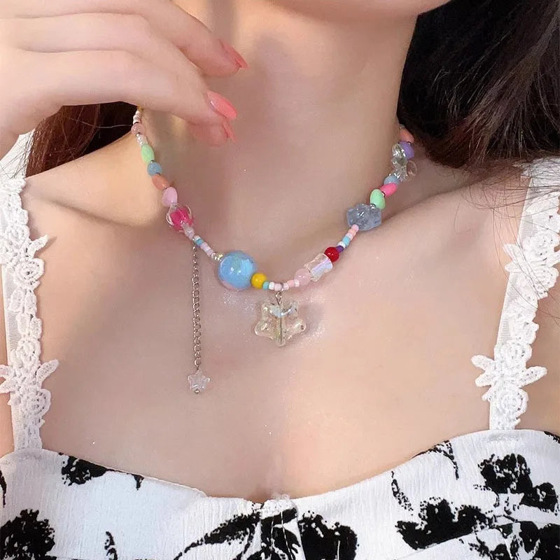 Lunivop Boho Candy Star Beaded Clavicle Chain Necklace - Colorful Y2K Vacation Accessory