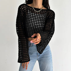 Lunivop Long Sleeve Crochet Knit Top Summer Beach Bikini Cover Up Crop Pullover Wool Knitwear Blouse Women Vacation Boho Outfit