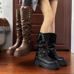 Lunivop Winter Modern Women's Knee High Boots New 2025 Fashion Slip on Long Bootties Designer Buckle Platform Thick Heels Botas De Mujer