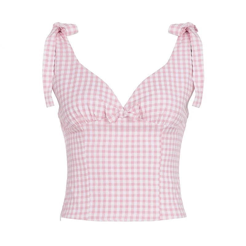 Lunivop  Sweet Girl Summer Fashion Vacation Style Tank Tops Y2k Fashion Plaid V Neck Sleeveless Sext Backless Camisoel Korean Tops
