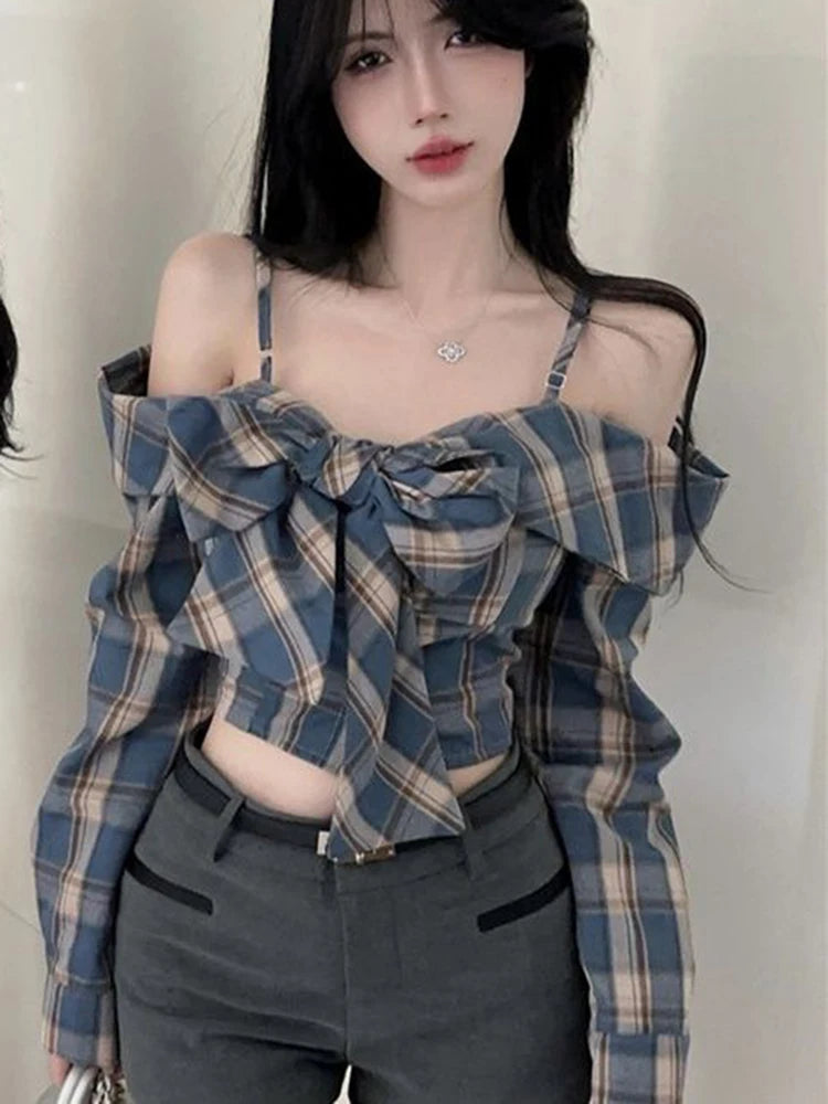 Lunivop Off Shoulder Bow Plaid Shirt Women Long Sleeve Slim Vintage Blouse Sexy Cropped Korean Female Sweet Retro Tops New Spring