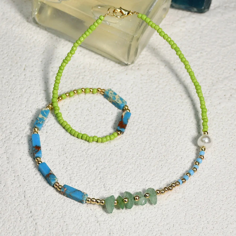 Lunivop Bohemia Seed Beaded Natural Stone Choker Necklace for Women Girls Beach Boho Party Trend Jewelry
