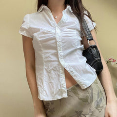 Lunivop  Vintage Folds Crop Top White Button Up Short Sleeve Blouse Women Bandage Korean Fashion T-shirt Casual Streetwear y2k Tee