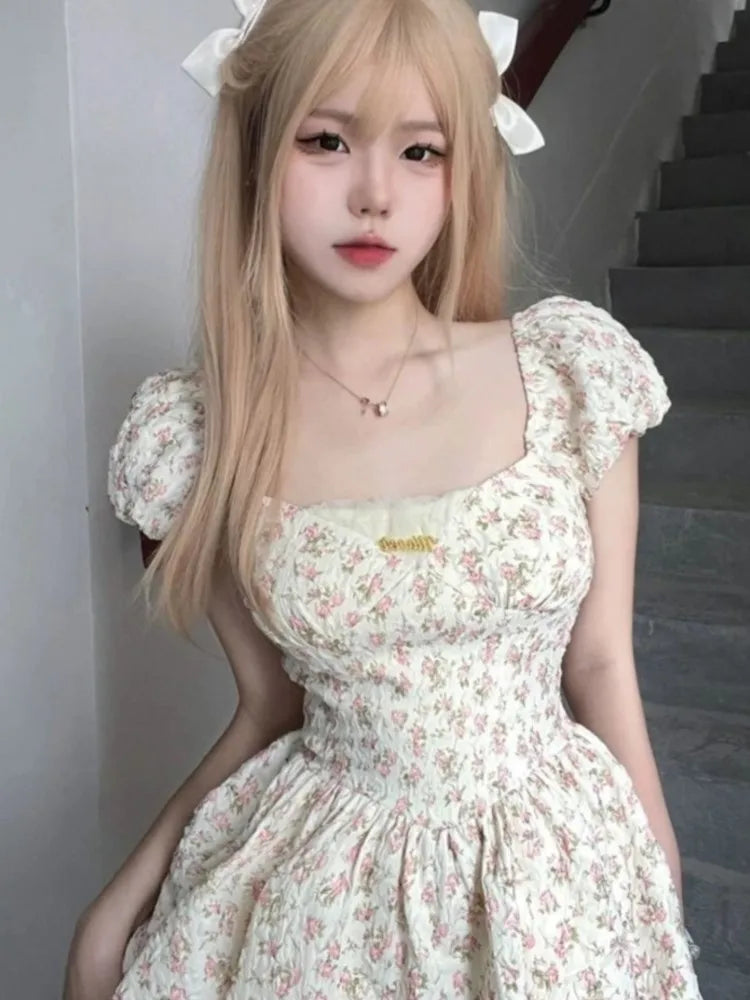 Lunivop  Summer Fairy Puff Sleeve Strapless Floral Print Dresses Women Elegant Sweet Chiffon Dress High Waist Slim Tierred Princess New