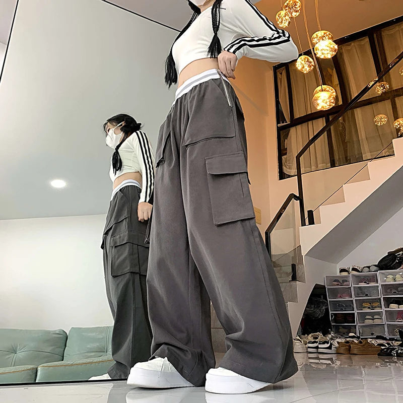 Lunivop Vintage Solid Baggy Cargo Pants For Women 2024 Autumn Casual  Women's Drawstring Wide Leg Pants Female Street Loose Long Trouser
