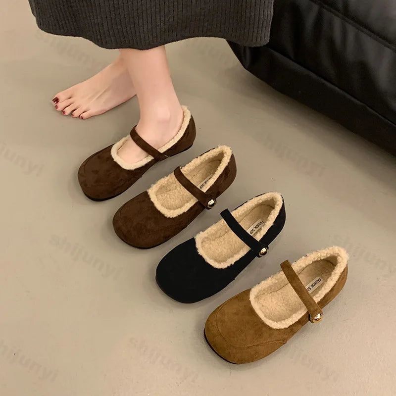 Lunivop Fashion Round Toe Ballet Flats Woman Warm Teddy Fur Mary Jane Shoes Ladies Brand Design Elegant Fluffy Plush Loafers