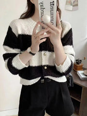 Lunivop Women's Acrylic Long Sleeve O-Neck Button-Down Striped Cropped Knit Cardigan Ladies Autumn Winter Korean Fashion Knitwear