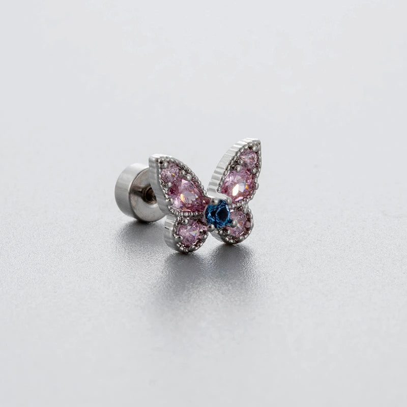 Lunivop 1PCS Delicate Blue Pink Zircon Butterfly 316L Stainless Steel Ear bone nail Y2K Hottie Cute Earring for Women Cochlea Accessorie