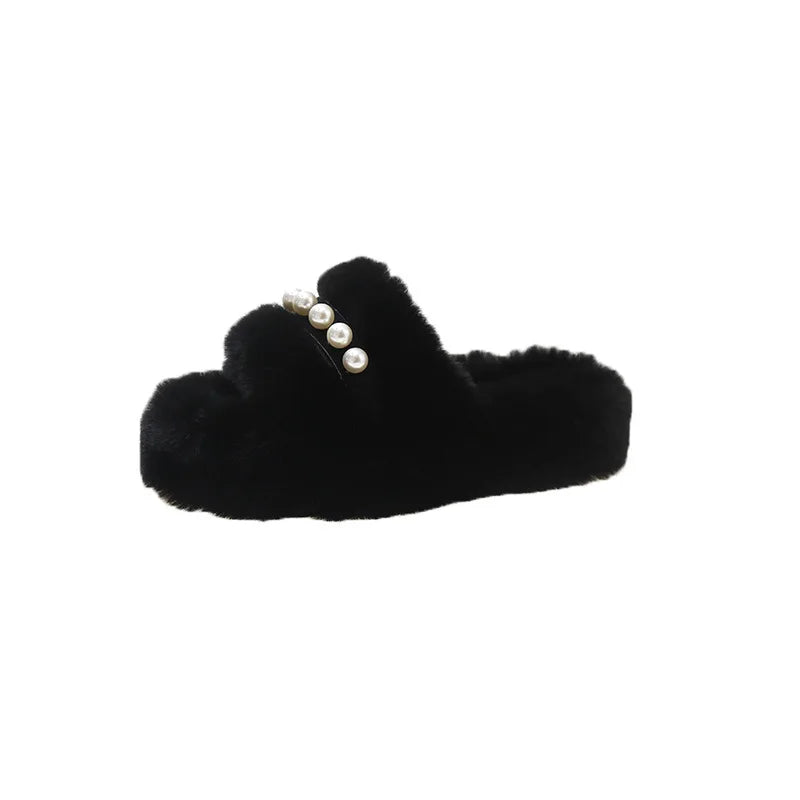 Lunivop Chunky Platform Fur Slippers Women Autumn New Fashion Pearl Thick Bottom Furry Outdoor Slippers Woman Short Plush Designer Shoes