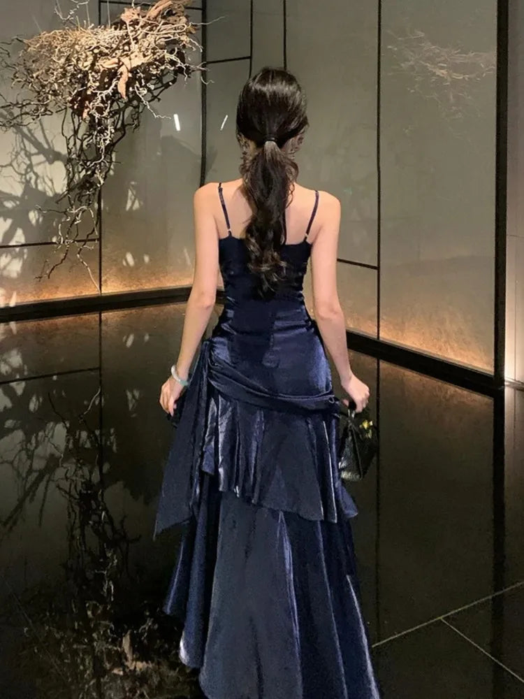 Lunivop Vintage Blue Elegant Sexy Backless Ruffles Long Dresses French  Pleated Slip Sleeveless Vestidos Birthday Evening Party Dress