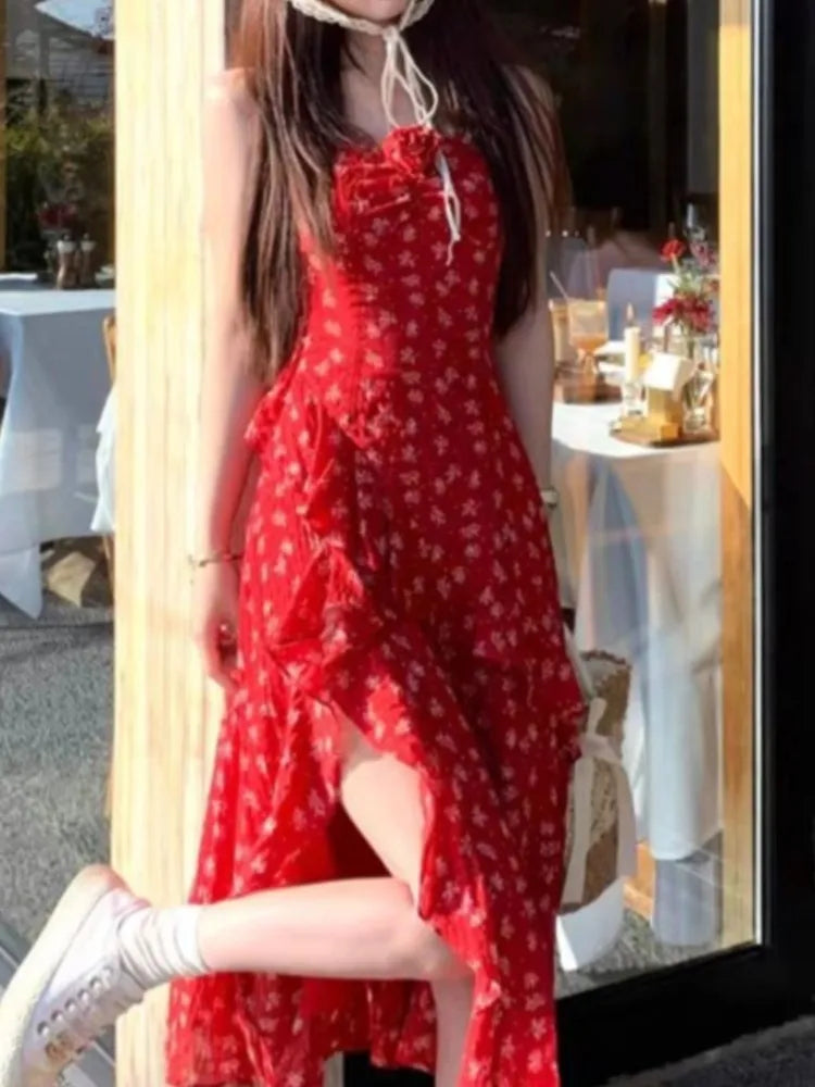 Lunivop  French Two Piece Set  Floral Printed Red Strap Camisole Dresses Summer Sweet Girl Waist Slimming Irregular Slit A-line New