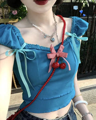 Lunivop  Fashion Trend Summer Women Dopamine Woven Rope Bow Frenulum Short Sleeved T-shirt Square Neck Puff Sleeve Slim Comfortable Tops
