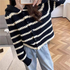 Lunivop Button Front Striped Hood Cardigan Sweater for Women Long Sleeve Button-up Knitted Sweater Jacket Fall Winter Casual Outfit