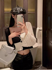 Lunivop  Y2k Aesthetic Contrast Color Square Collar Cardigan Autumn Patchwork Hollow Out Knitted Pull Femme Harajuku Grunge Cropped Tops