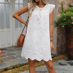 Lunivop  Casual Loose O-neck short flying sleeves high waist solid color hollow mini dress for Summer Women's Dress New women's dress