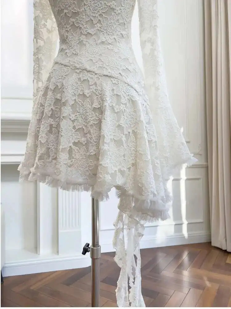 Lunivop Women's Lace Ruffled Asymmetric Design Dresses V Neck High Waist Long Sleeve Slim Elegant Dress Autumn 2025 New