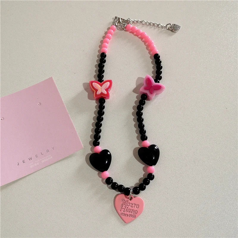 Lunivop Gothic Cute Charms Bow Cross Heart Wings Pendant Pink Beaded Choker Necklace Girl Y2K EMO 2000s Jewelry Accessories