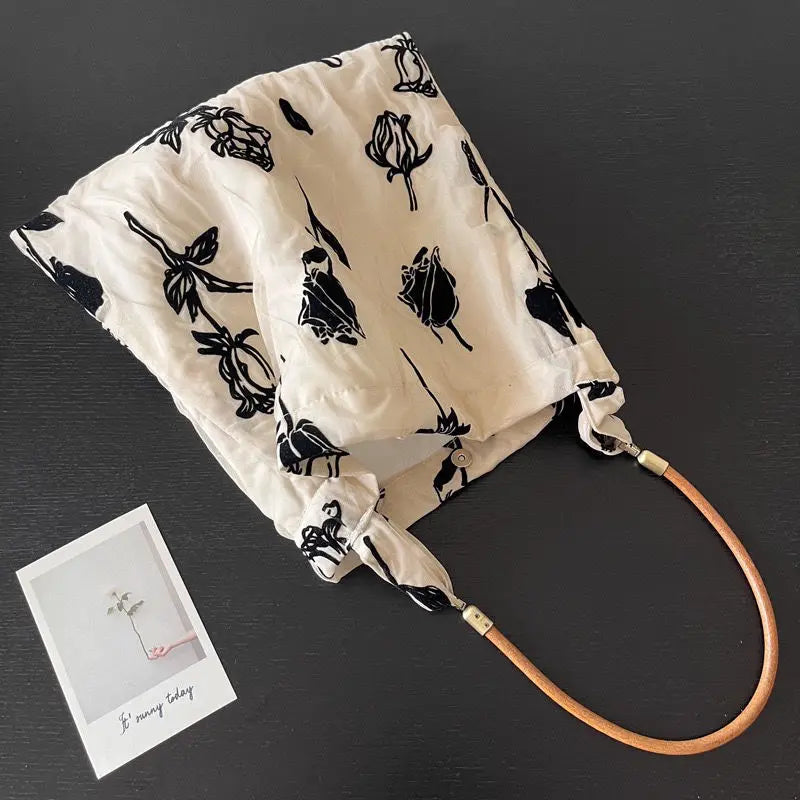 Lunivop  Retro Double Layer Cloth Tote Bag Women Black Rose Large Capacity Shoulder Bag Ladies Elegant Daily Casual Underarm Bags