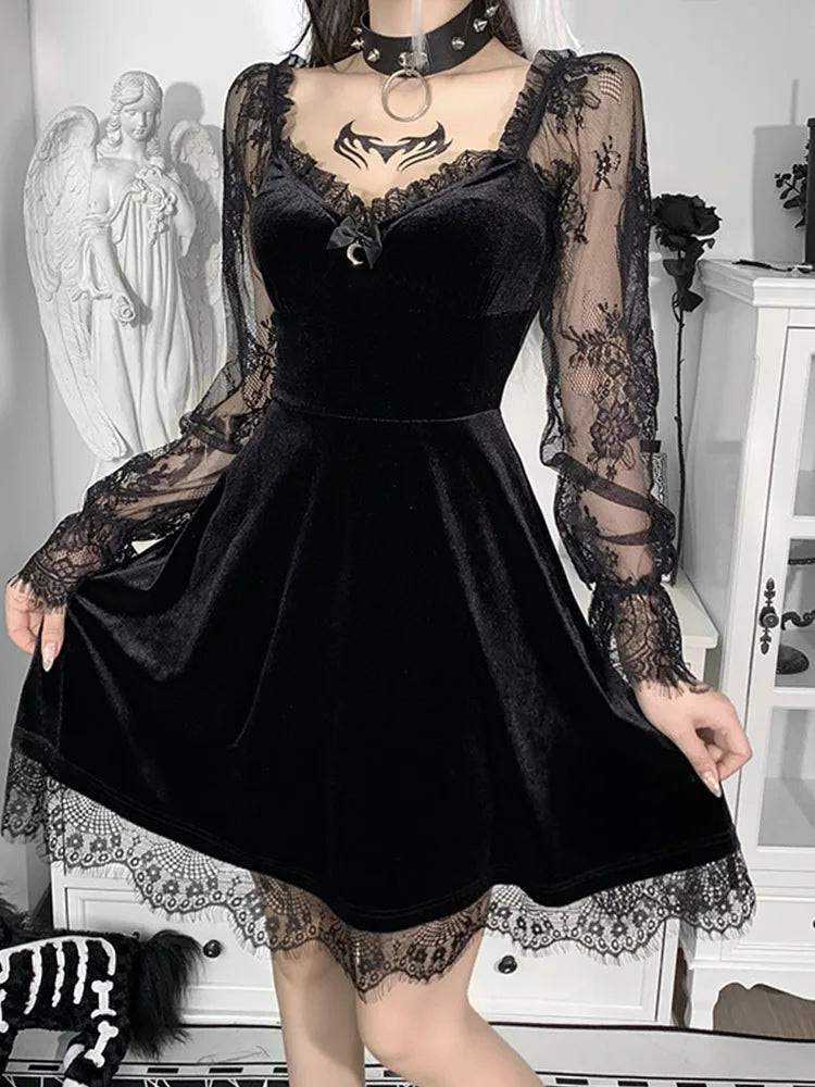 Lunivop  Gothic Lolita Girl Lace Trim Velvet A-Line Dress Women Sexy Perspective Long Sleeve V Neck Slim Mini Dress Cosplay Party Costume