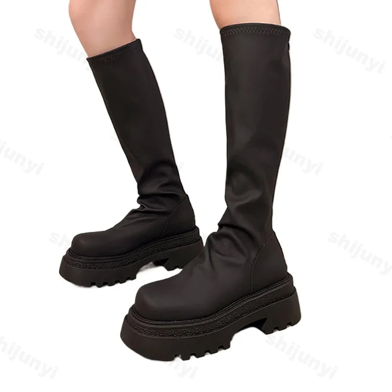 Lunivop Women's Platform Knee High Boots New 2025 Fashion Soft Leather Boots Winter Motorcycle Boots Slip-on Chunky Knight Long Booties