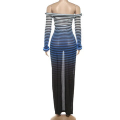 Lunivop  Gradient See Through Mesh Striped Print Bodycon Maxi Dress 3D Slash Neck Off Shoulder Full Sleeve Party Clubwear Long Robe