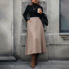 Lunivop  BKLD Elegant Fashionable Women's Solid Color Elastic Waist Pockets Patchwork Woolen Pleated A-line Half Skirt Office Lady Bottom