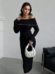 Lunivop Fall Winter Sexy One-Shoulder Long Knit Dress Slim Elegant Fungus Splice Contrast Color Sweater Female Club Party Dresses