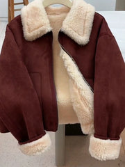 Lunivop Faux Lamb Suede Jacket Women Winter Warm Long Sleeve Vintage Cotton Coat Korean Casual Lady Thick Long Sleeve Retro Tops