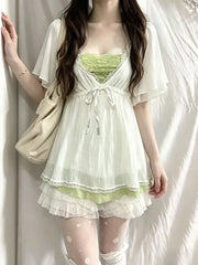 Lunivop  Japanese Vintage Fashion White Mesh Cardigan Casual Layered Top Waist Cinching Half Skirt Summer Harajuku 3-piece Set