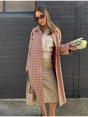 Lunivop  Women Checkered Long Trench Coats Full Sleeve Single Breasted Pockets Lapel Loose Maxi Coat New Lady Autumn Daily Outerwear