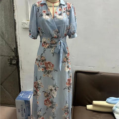 Lunivop  Women V-neck Ruffle Short Sleeve Maxi Dress Waist Tight High-waist Hem Sweet Floral Print Chiffon Dress Female Clothing